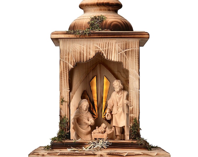 Nativity scene carved in Val Gardena pine wood in lantern with light, Italian artisan production