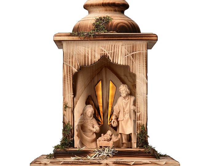 Nativity scene carved in Val Gardena pine wood in lantern with light, Italian artisan production