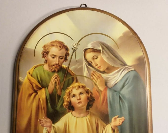 Solid wood painting of the Holy Family cm 42 x 32 (16.53 x 12.59 inches) of Italian artisan production