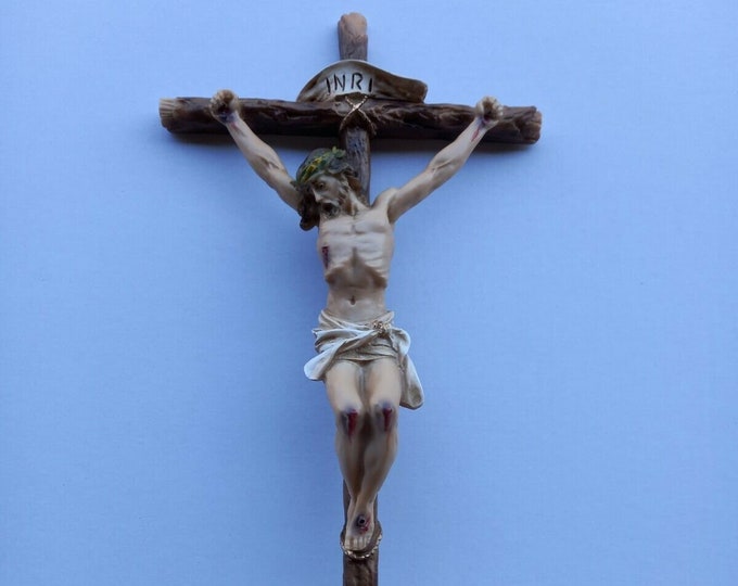 Cross crucifix, 43 x 21 cm (16.92 x 8.26 inches) in solid resin marble decorated by hand of artisan production
