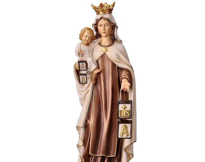 Statue of the Madonna del Carmelo Carmine with crown carved in Valgardena wood and hand decorated, Italian artisan production