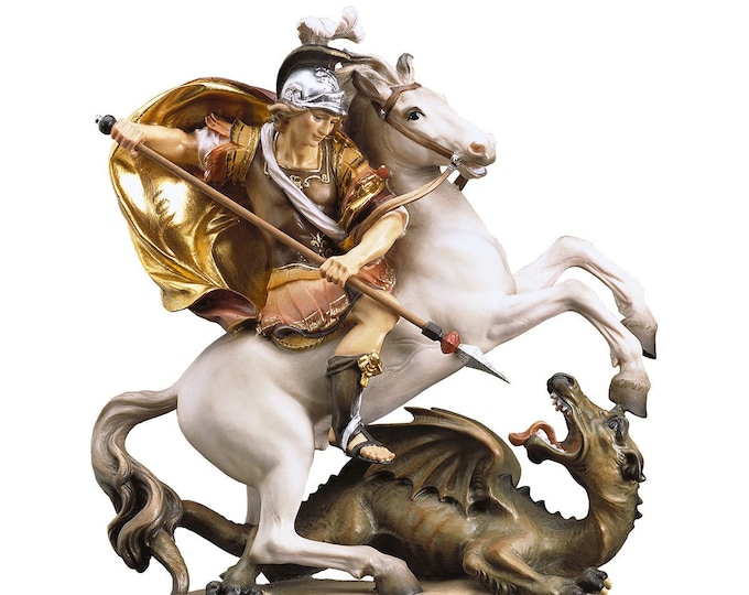 Statue of Saint George and the Dragon, carved in Valgardena wood and hand decorated, Italian artisan production