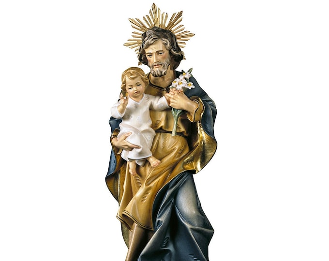 Statue of Saint Joseph with baby Jesus carved in Valgardena wood and hand-decorated, of Italian artisan production