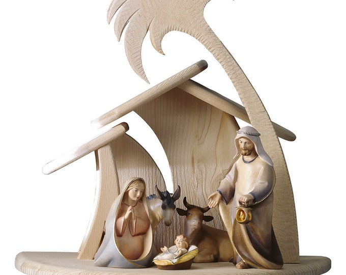 Nativity scene carved in valgardena wood, decorated by hand, 7 pieces with hut Italian artisan production