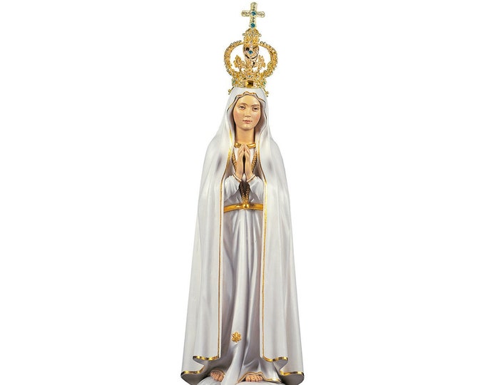 Statue of Our Lady of Fatima Pilgrim crown metal and crystals, carved in Valgardena wood hand decorated Italian production