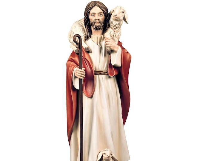 Statue of Jesus the Good Shepherd, carved in wood from Valgardena and hand-decorated of Italian craftsmanship