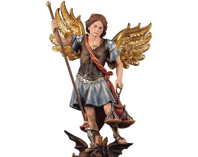 Sculpture statue of St. Michael the Archangel with scales, carved in wood of Valgardena hand-decorated of Italian craftsmanship
