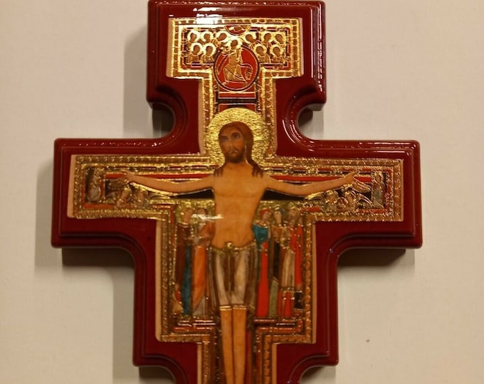 Crucifix cross of San Damiano, made of Italian artisanal wood available in various sizes