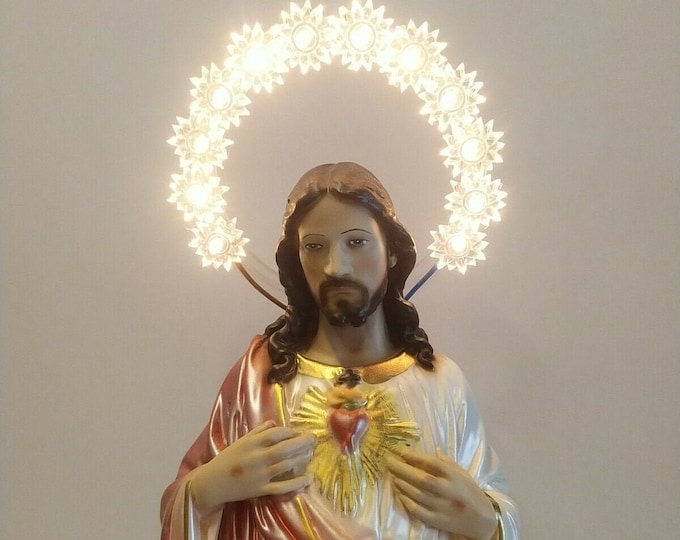 Sacred Heart Jesus statue cm 40 (15,74 inches) with luminous halo, in resin marble with pearly decoration of Italian artisan production