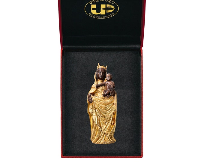 Madonna del Pilar statue with deluxe case carved in wood from Valgardena and hand-decorated of Italian craftsmanship