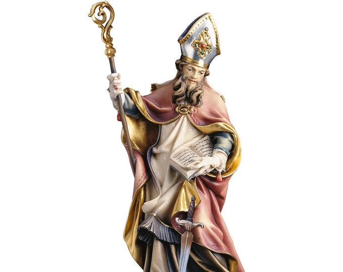Statue of San Chiliano with sword, carved in valgardena wood and hand-decorated with Italian handicraft production