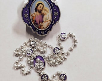 Saint Joseph's Rosary in silver metal with deluxe case, handcrafted in Italy.