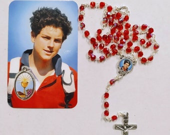 Rosary of Blessed Carlo Acutis in red crystal with hook and image with medal and prayer of Italian artisan production