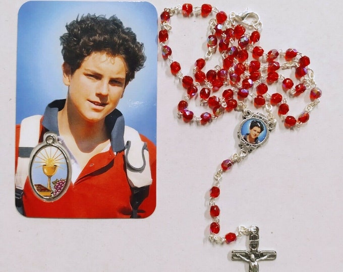 Rosary of Blessed Carlo Acutis in red crystal with hook and image with medal and prayer of Italian artisan production