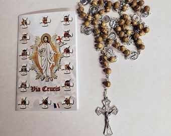 Rosary of the Via Crucis in olive wood 62.5 cm (24.60 inches) with instructions and prayers, of Italian artisan production