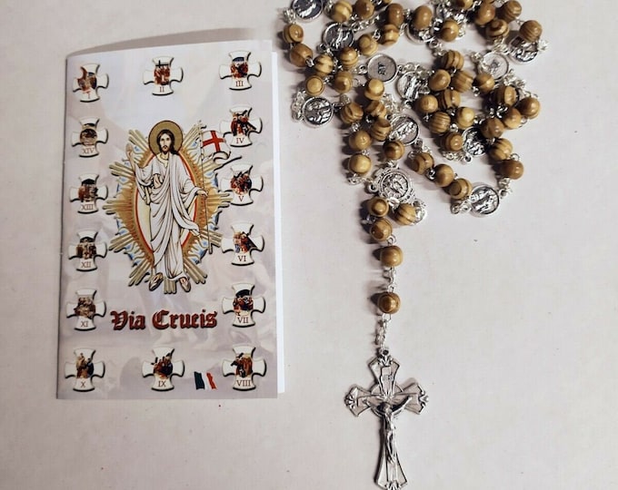 Rosary of the Via Crucis in olive wood 62.5 cm (24.60 inches) with instructions and prayers, of Italian artisan production