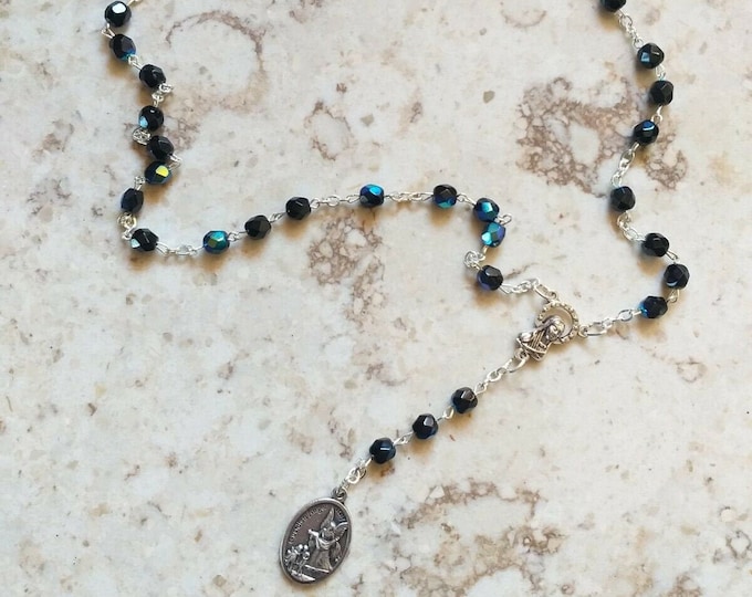 Rosary of Saint Michael the Archangel 36.5 cm in half scarab or light blue crystal, handcrafted in Italy