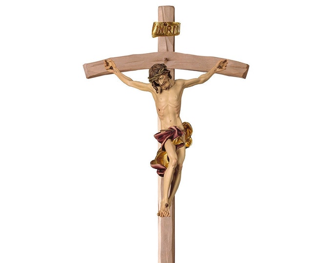 Baroque body curved cross crucifix, carved in hand-decorated Valgardena wood, various sizes, of Italian artisan production