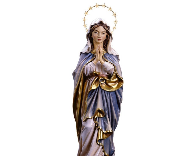 Statue of Our Lady Immaculate with 12 stars rays carved in wood of Valgardena hand-decorated of Italian craftsmanship