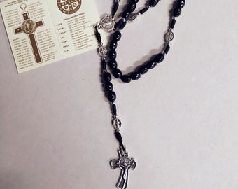 Rosary of St. Benedict of Norcia in black wood with metal cross and prayer of Italian artisan production