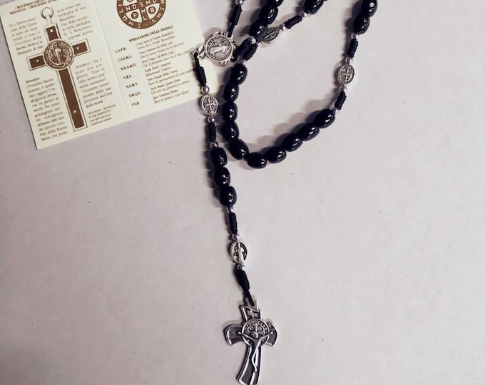 Rosary of St. Benedict of Norcia in black wood with metal cross and prayer of Italian artisan production