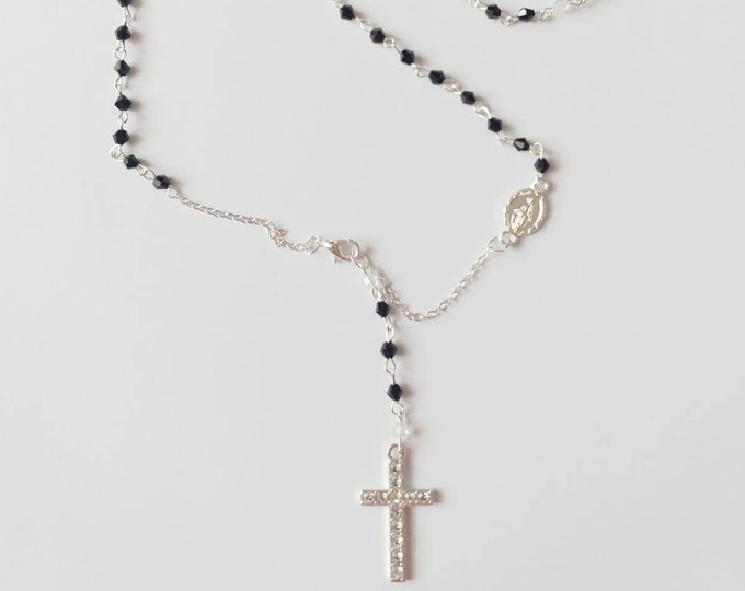 Rosary necklace with crystal grains and cross with black or blue rhinestones of Italian artisan production