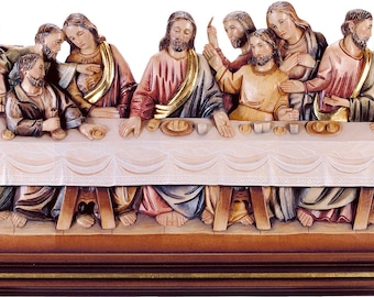 Sculpture statue of the Last Supper, carved in Valgardena wood and hand-decorated, of Italian artisan production