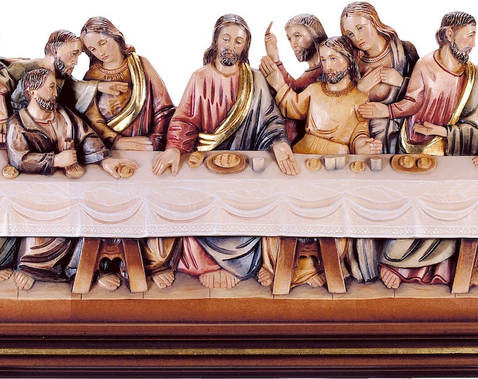 Sculpture statue of the Last Supper, carved in Valgardena wood and hand-decorated, of Italian artisan production