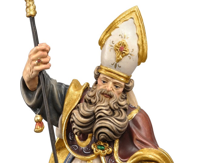 Statue of Saint Julian of Le Mans carved in Valgardena wood and hand-decorated, of Italian artisan production