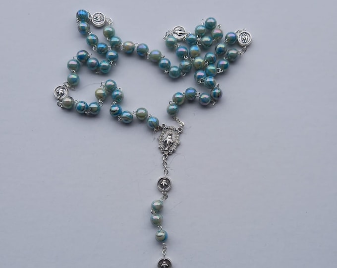 Rosary of the Miraculous Madonna, glass beads diameter 8 mm, harlequin pearl of Italian artisan production