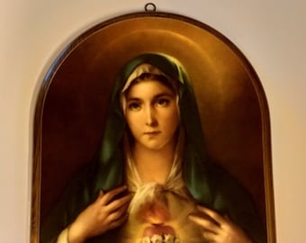 Painting of Our Lady of the Sacred Heart of Mary in solid wood cm 42 x 32 (16.53 x 12.59 inches) of Italian artisan production