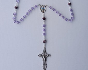 Rosary of the Miraculous Madonna, 7 mm diameter crystal beads, silk-screened centerpiece, Pater with rhinestones, handcrafted in Italy