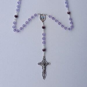 Rosary of the Miraculous Madonna, 7 mm diameter crystal beads, silk-screened centerpiece, Pater with rhinestones, handcrafted in Italy