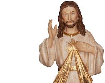 Statue sculpture of Merciful Jesus, carved in wooden root of Valgardena decorated by hand of Italian artisan production