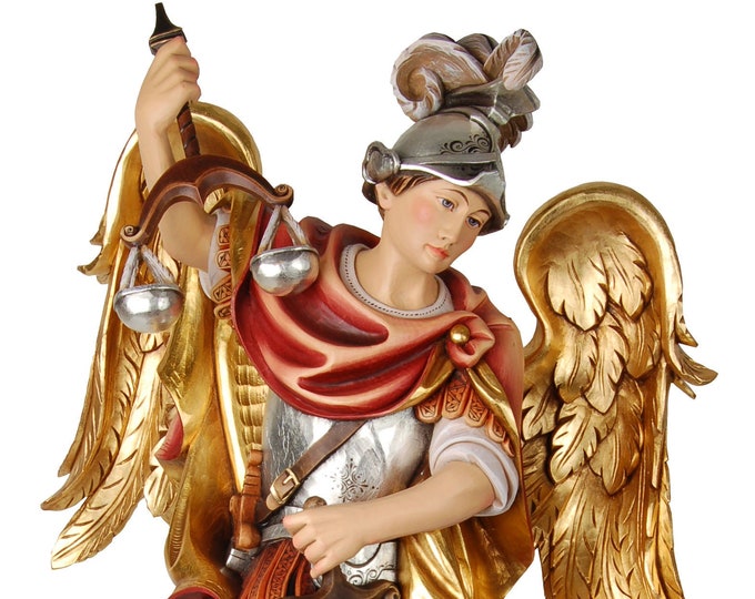 Statue sculpture of St. Michael the Archangel with scales, carved in wood of valgardena decorated by hand of Italian artisan production