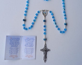 Rosary of the Miraculous Madonna, 7 mm diameter crystal beads, silk-screened centerpiece, Pater with rhinestones, handcrafted in Italy