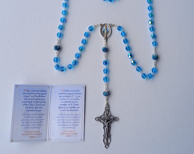 Rosary of the Miraculous Madonna, crystal beads diameter 7 mm, silk-screened cross, Pater with rhinestones of Italian artisan production