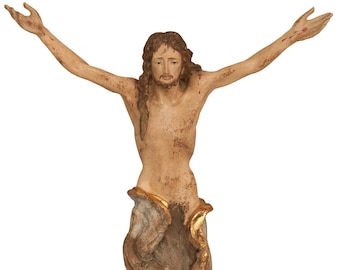Sculpture statue of Jesus, carved in hand-decorated Valgardena wood root, of Italian artisan production