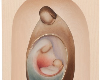 Candle holder with sculpture of the Holy Family, carved in Valgardena wood, hand decorated, Italian production