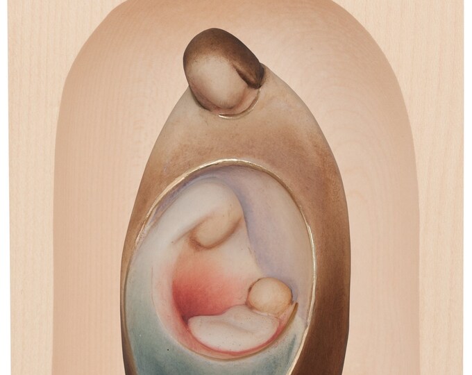 Candle holder with sculpture of the Holy Family, carved in Valgardena wood, hand decorated, Italian production