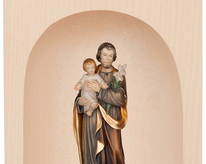 Candle holder with sculpture of Saint Joseph with baby Jesus, carved in Valgardena wood, hand decorated, Italian production