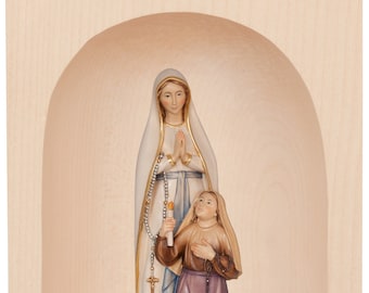 Candle holder with sculpture of Our Lady of Lourdes and Bernadette, carved in Valgardena wood, hand decorated, Italian production