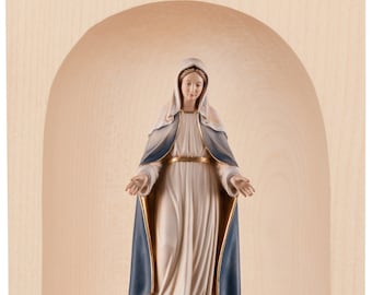 Candle holder with sculpture of the Miraculous Madonna of Graces, carved in Valgardena wood, hand decorated, made in Italy