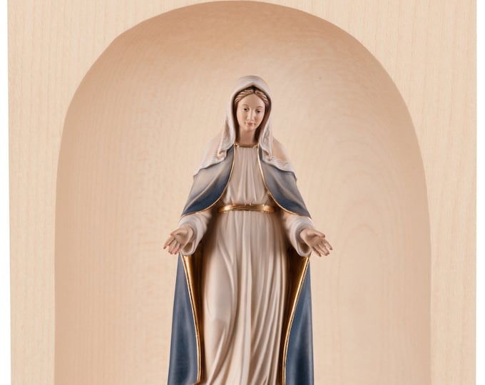 Candle holder with sculpture of the Miraculous Madonna of Graces, carved in Valgardena wood, hand decorated, made in Italy