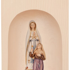 Candle holder with sculpture of Our Lady of Lourdes and Bernadette, carved in Valgardena wood, hand decorated, Italian production