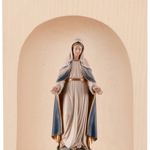 Candle holder with sculpture of the Miraculous Madonna of Graces, carved in Valgardena wood, hand decorated, made in Italy