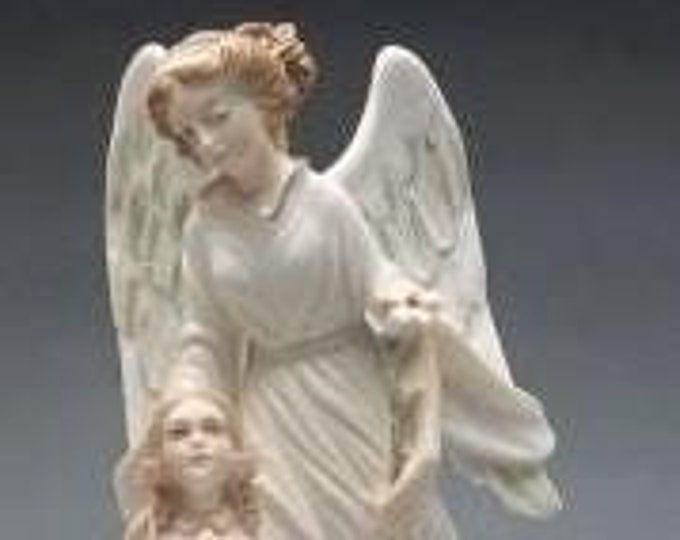 Guardian angel with little girl cm 22 (8.66 inches) made of alabaster powder, wooden base, hand decorated, made in Italy