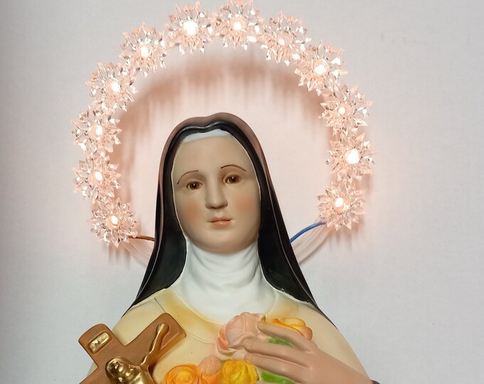 Statue of Saint Teresa cm 60 ( 23,62 inches) in hand decorated resin marble, painted or glass eyes, with luminous halo made in Italy