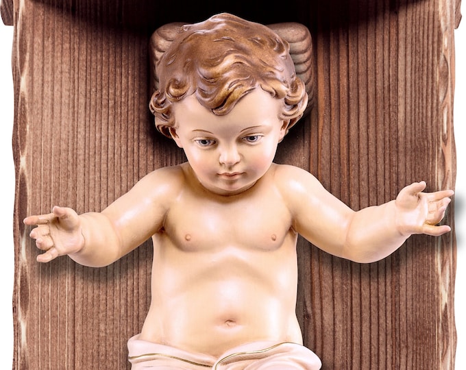 Sculpture statue of baby Jesus with cradle, carved in Valgardena wood and hand decorated, Italian artisan production
