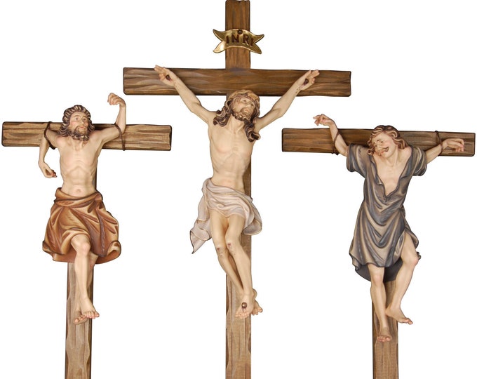 Crucifixion group sculpture carved in Val Gardena wood and hand decorated, Italian production